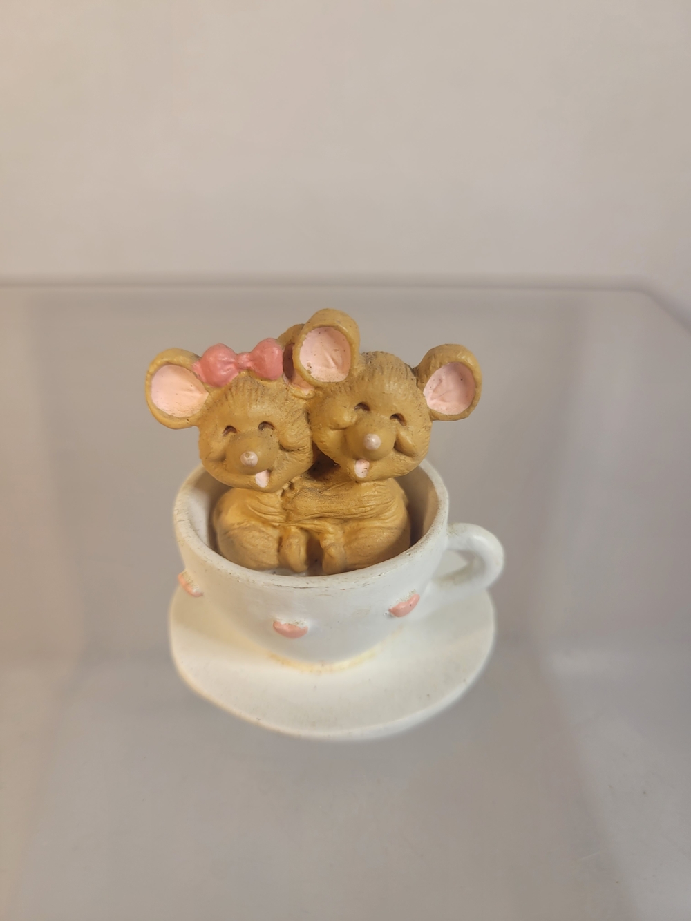 Miniature RUSS Tan Mice Sitting in Mini White Pink Heart Tea Cup Vintage (V)